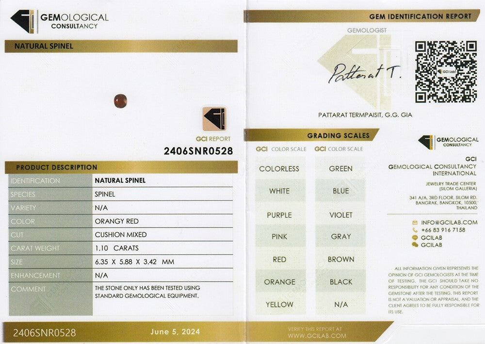 Laboratory report for GCI CERTIFICATE Incl.*1.10ct Cushion Natural Orangy Red Spinel Gemstone, Myanmar