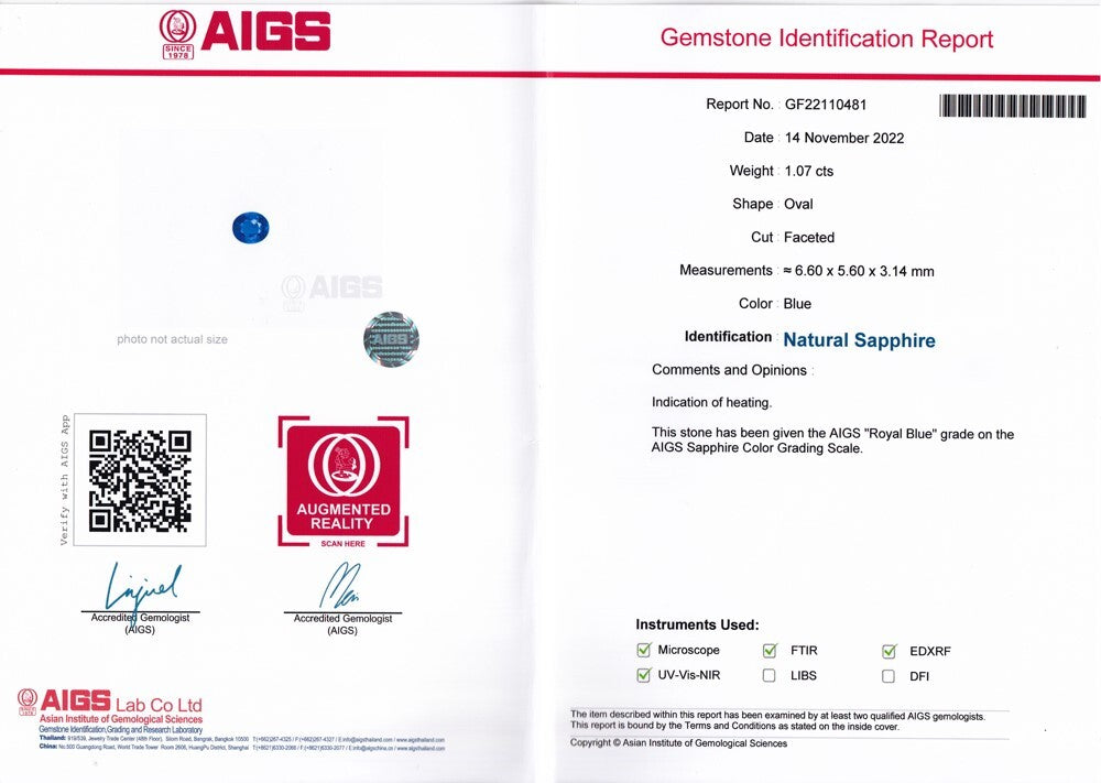 Laboratory report for AIGS CERTIFICATE Incl.* 1.07ct VS Oval Natural Blue Sapphire Gemstone, Heated