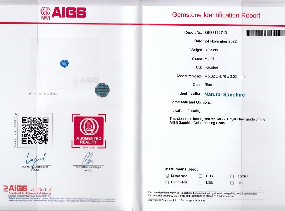 Laboratory report for AIGS CERTIFICATE Incl.* 0.73ct VVS Heart Natural Blue Sapphire Gemstone, Heated