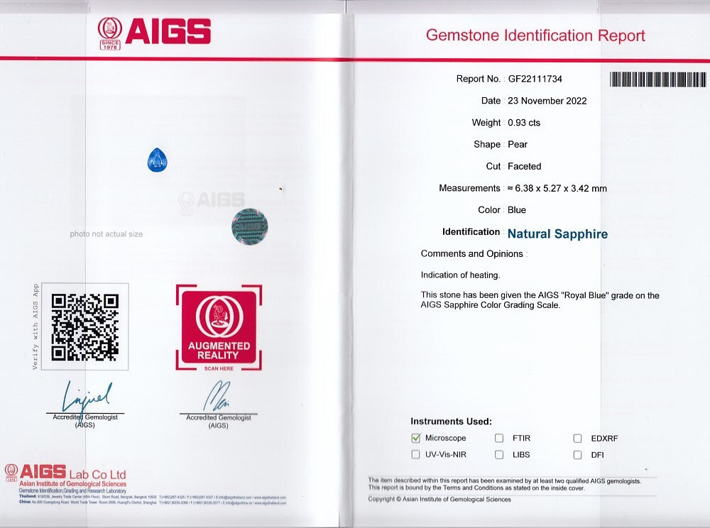 Laboratory report for AIGS CERTIFICATE Incl.* 0.93ct VS Pear Natural Blue Sapphire Gemstone, Heated
