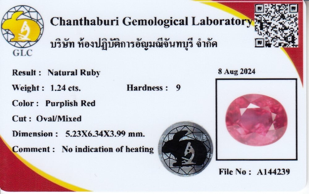 Laboratory report for CERTIFICATE Incl.*1.24ct Oval Natural Unheated Purplish Red Ruby Gemstone Africa