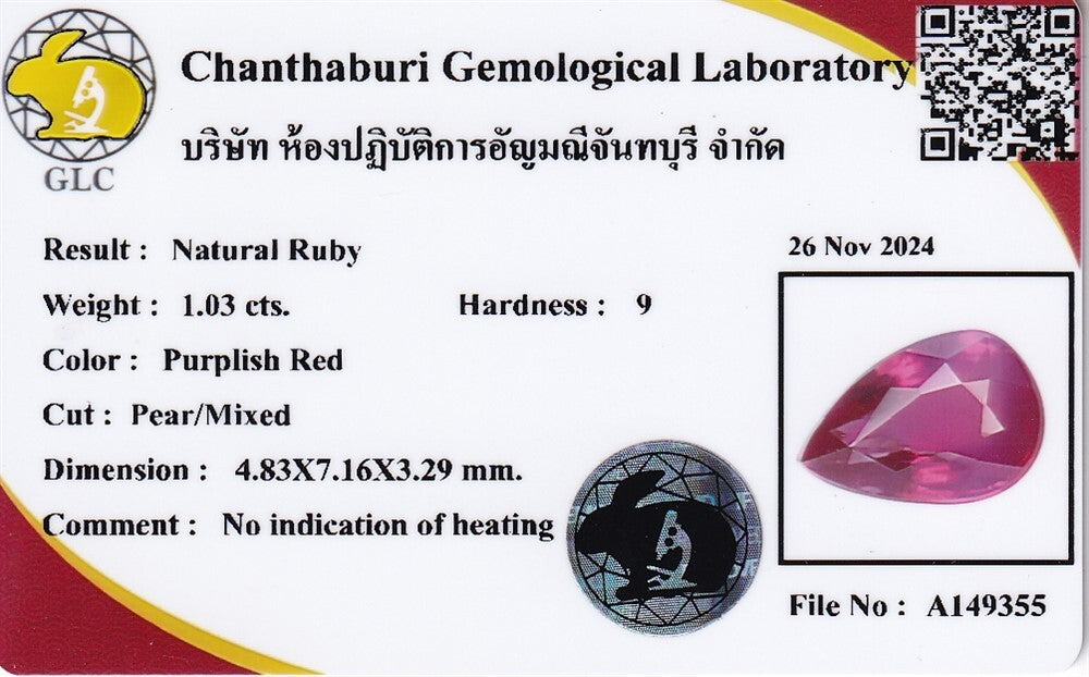 Laboratory report for CERTIFICATE Incl.* 1.03ct Pear Natural Unheated Purplish Red Ruby, Mozambique