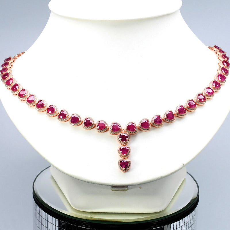 Ruby Cubic Zirconia Necklace &amp; Earrings in 925 Sterling Silver(Pink Gold Plated)