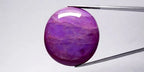 Unheated 124.62ct oval purple sapphire with 6 rays star pattern, held by silver-tone tweezers on white background.