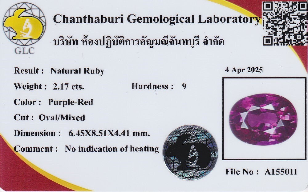Laboratory report for GLC 2.17ct VS Oval Natural Purple Red Ruby - Unheated, Africa Gem