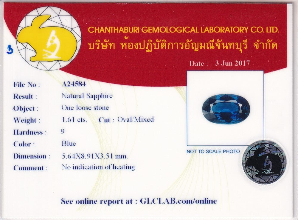 Laboratory report for GLC Report 1.61ct VS Oval Natural Blue Sapphire - Unheated, Madagascar Gem
