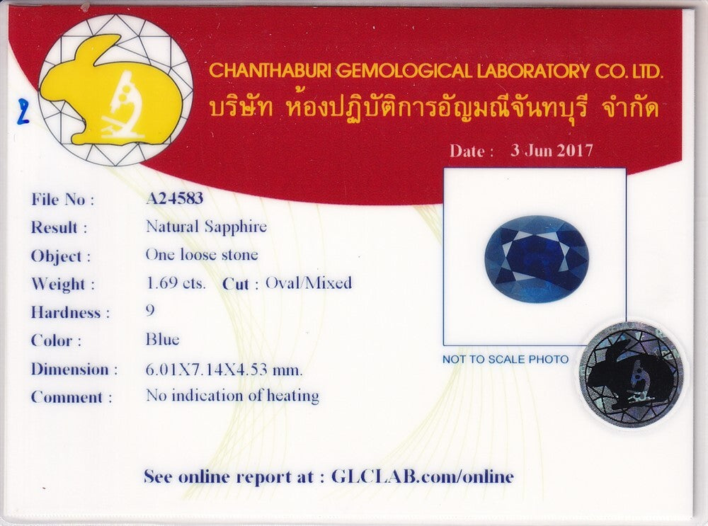 Laboratory report for GLC Report 1.69ct VS Oval Natural Blue Sapphire - Unheated, Madagascar Gem