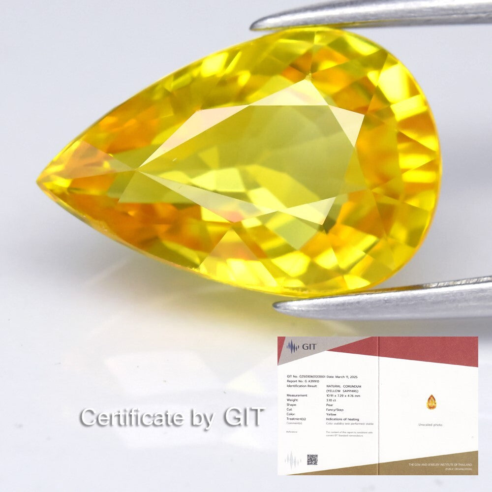 GIT CERTIFICATE 3.10ct VS Pear Yellow Sapphire - Heated, Tanzania Gemstone — view 1