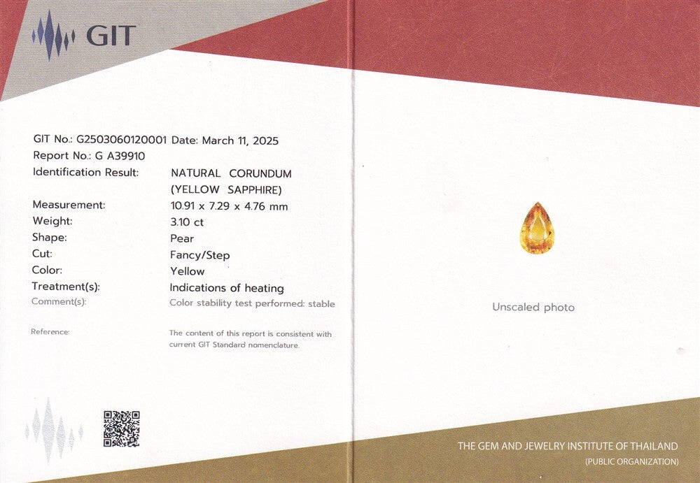 Laboratory report for GIT CERTIFICATE 3.10ct VS Pear Yellow Sapphire - Heated, Tanzania Gemstone