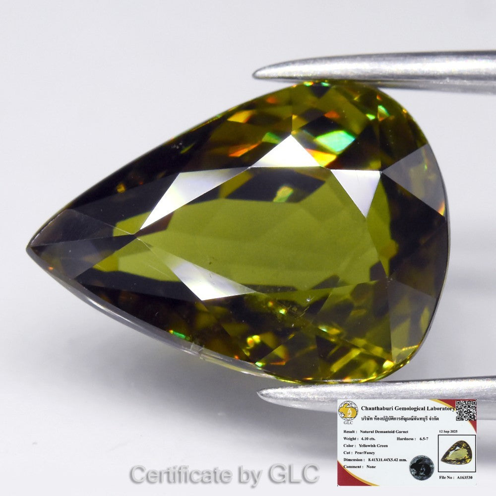 GLC CERTIFIED 4.10ct VS Pear Natural Yellowish Green Demantoid Garnet Gem