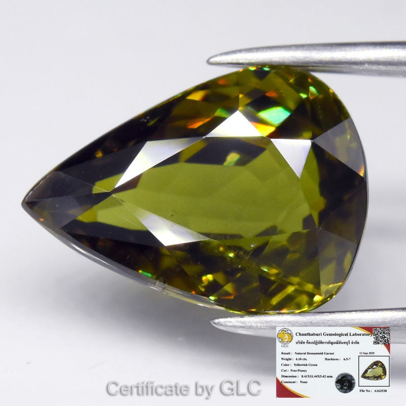 GLC CERTIFIED 4.10ct VS Pear Natural Yellowish Green Demantoid Garnet Gem