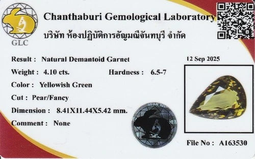 GLC CERTIFIED 4.10ct VS Pear Natural Yellowish Green Demantoid Garnet Gem — view 2