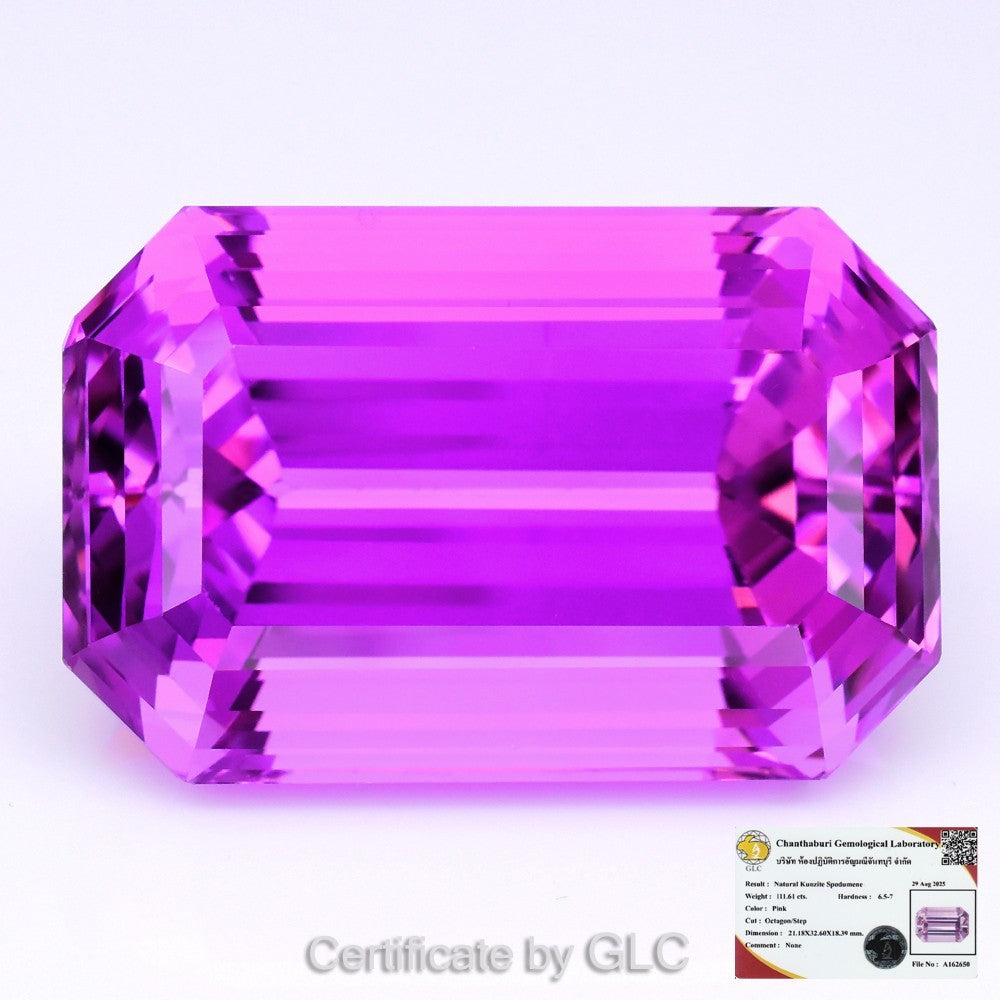 Amazing 111.61ct Natural Electric Magenta Pink Kunzite - (IF) Certified by GLC