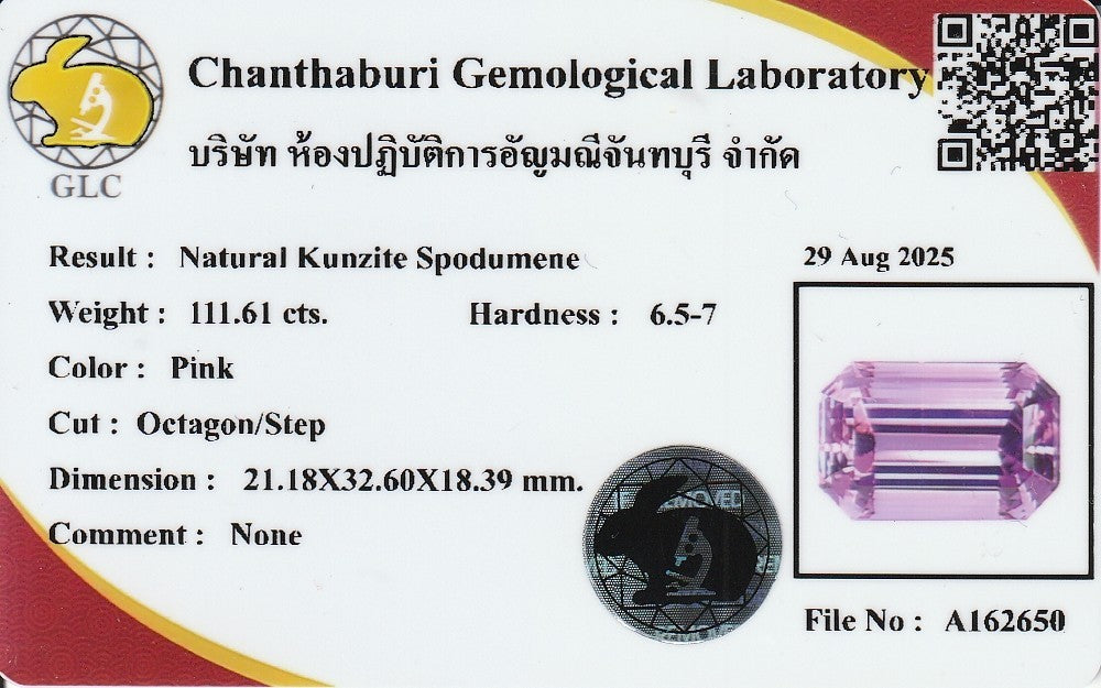 Laboratory report for Amazing 111.61ct Natural Electric Magenta Pink Kunzite - (IF) Certified by GLC