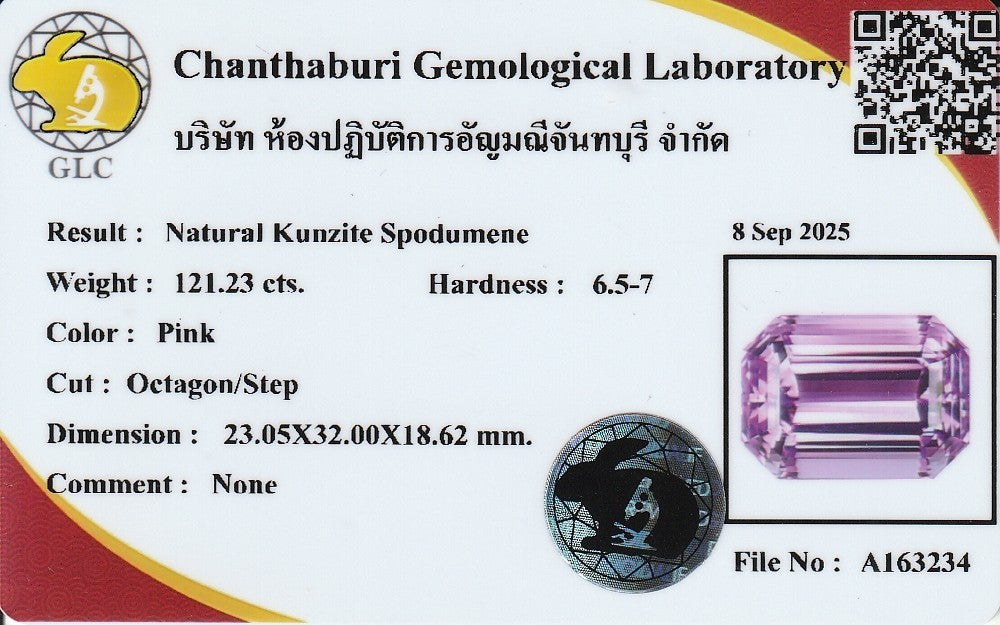 Laboratory report for GLC CERTIFIED Exceptional 121.23ct IF Natural Octagon Electric Pink Kunzite