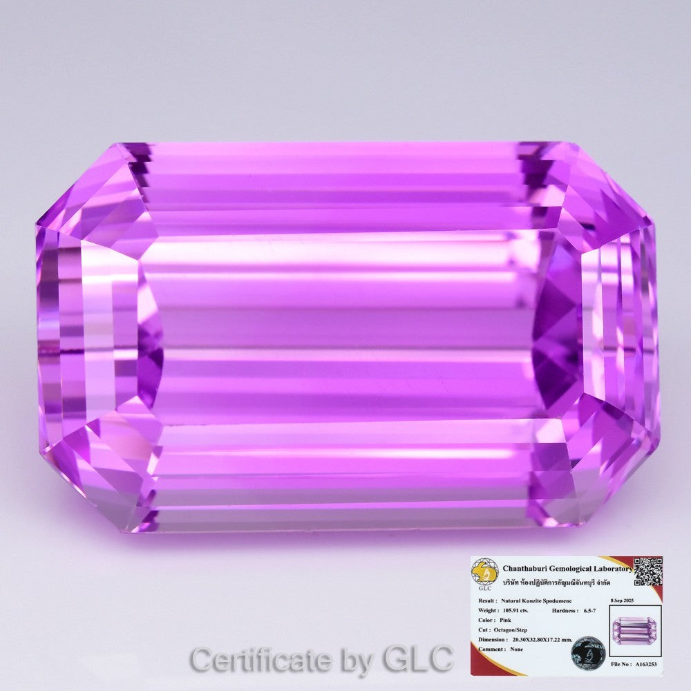 GLC CERTIFED Luxury 105.91ct IF Natural Octagon Neon Electric Pink Kunzite
