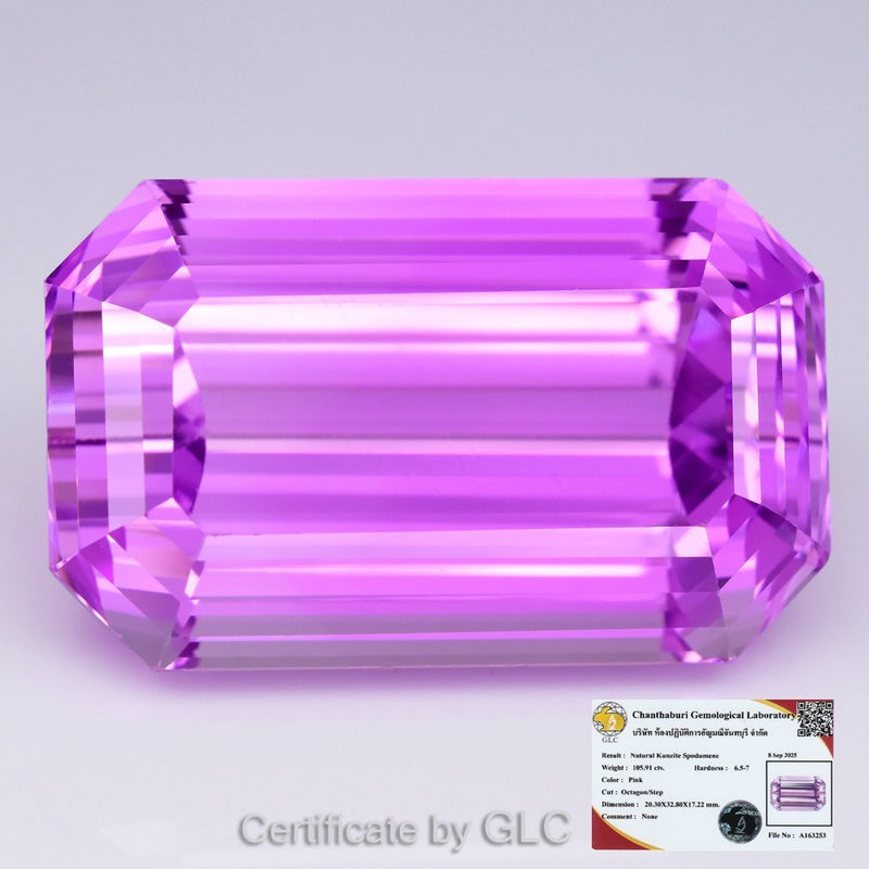 GLC CERTIFED Luxury 105.91ct IF Natural Octagon Neon Electric Pink Kunzite