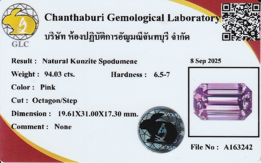 Laboratory report for GLC CERTIFIED Exquisite 94.03ct IF Octagon Natural Neon Electric Pink Kunzite