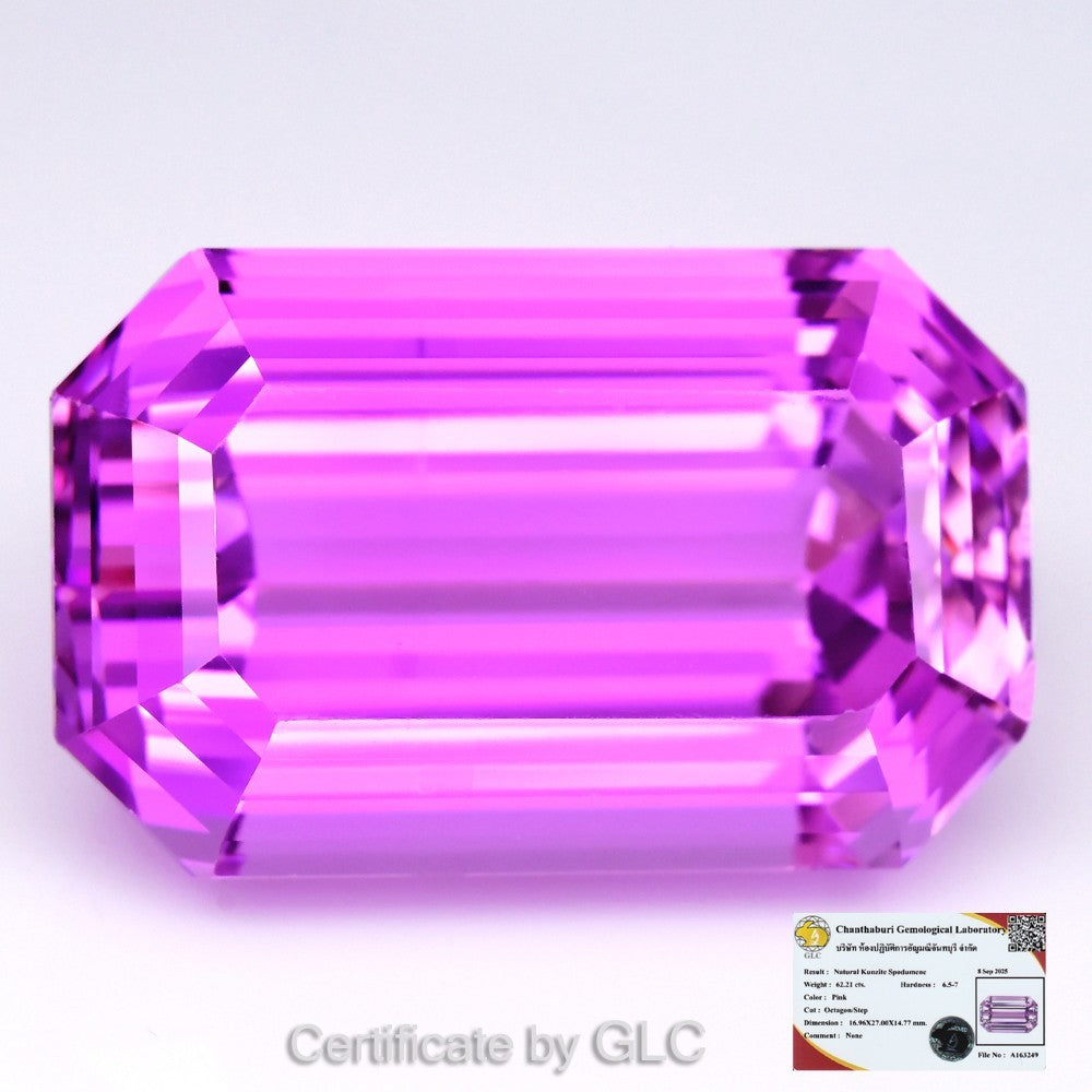 GLC CERTIFIED Exquisite 62.21ct IF Octagon Natural Neon Electric Pink Kunzite