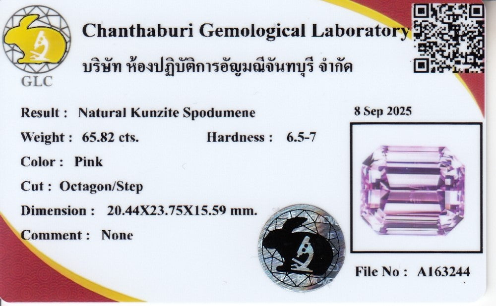 Laboratory report for GLC CERTIFIED Gigantic! 65.82ct VVS Octagon Natural Pink Kunzite - Superb Gem