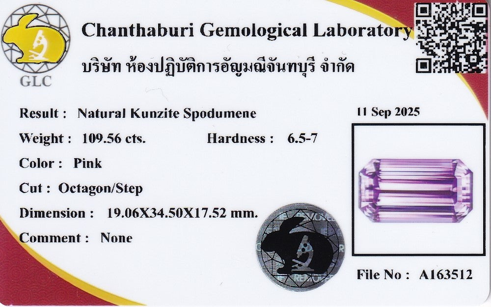 Laboratory report for GLC CERTIFIED Giant 109.56ct IF Octagon Natural Royal Pink Kunzite Ultra Fine