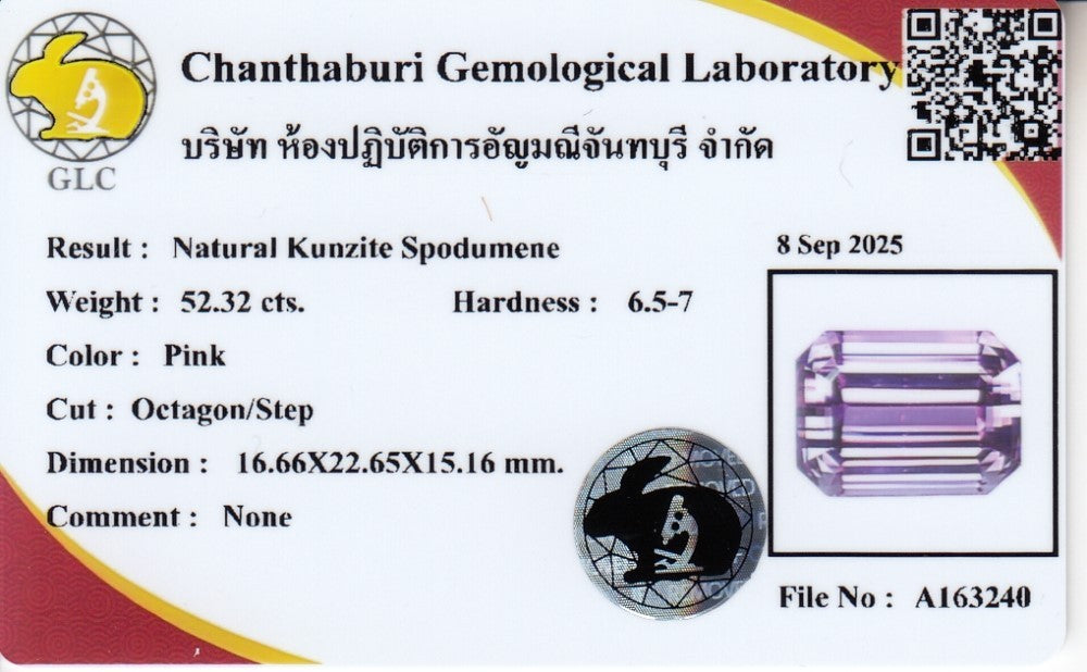 Laboratory report for GLC CERTIFIED Large! 52.32ct VVS Octagon Natural Pink Kunzite - Elegant Gem