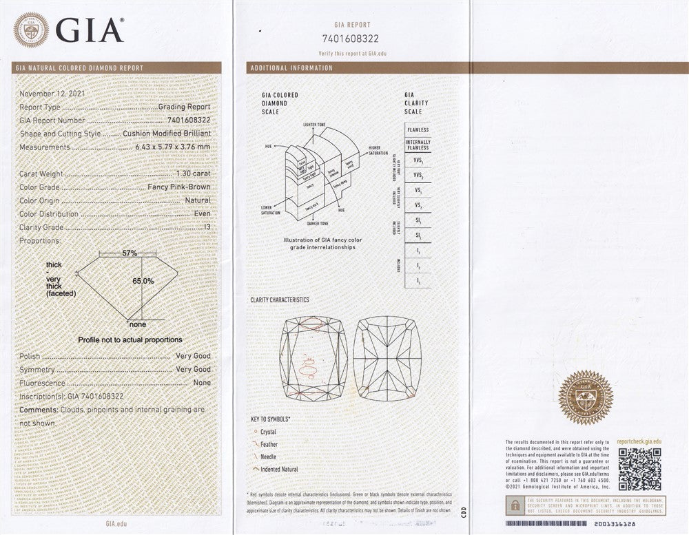 Laboratory report for GIA FULL CERTIFIED 1.30ct Natural Untreated Fancy Pink Brown Diamond I3