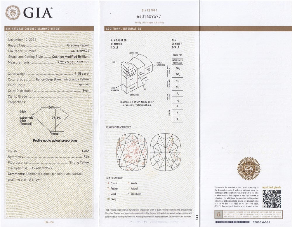 Laboratory report for GIA Report 1.45ct Natural Untreated Fancy Deep Brownish Orangy Yellow Diamond
