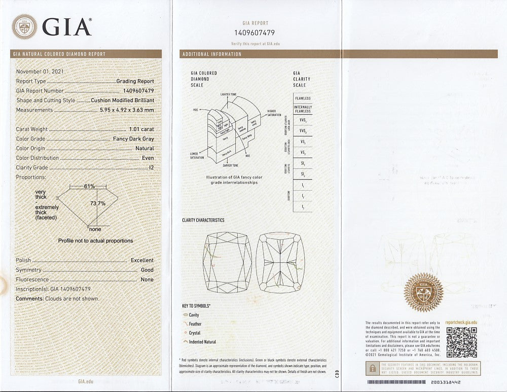 Laboratory report for GIA FULL CERTIFIED 1.01ct Cushion Natural Untreated Fancy Dark Gray Diamond I2