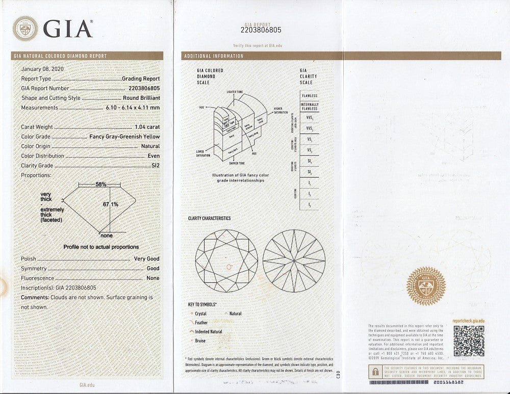 Laboratory report for GIA Report 1.04ct Natural Untreated Fancy Gray Greenish Yellow Diamond SI2