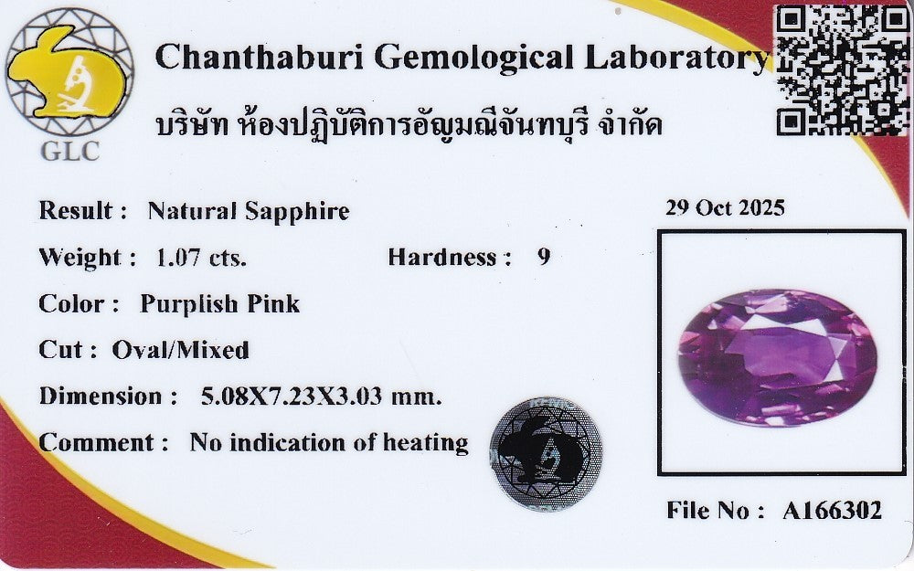 Laboratory report for GLC CERTIFIED 1.07ct VS Oval Natural Sapphire - Unheated, Mozambique Gemstone