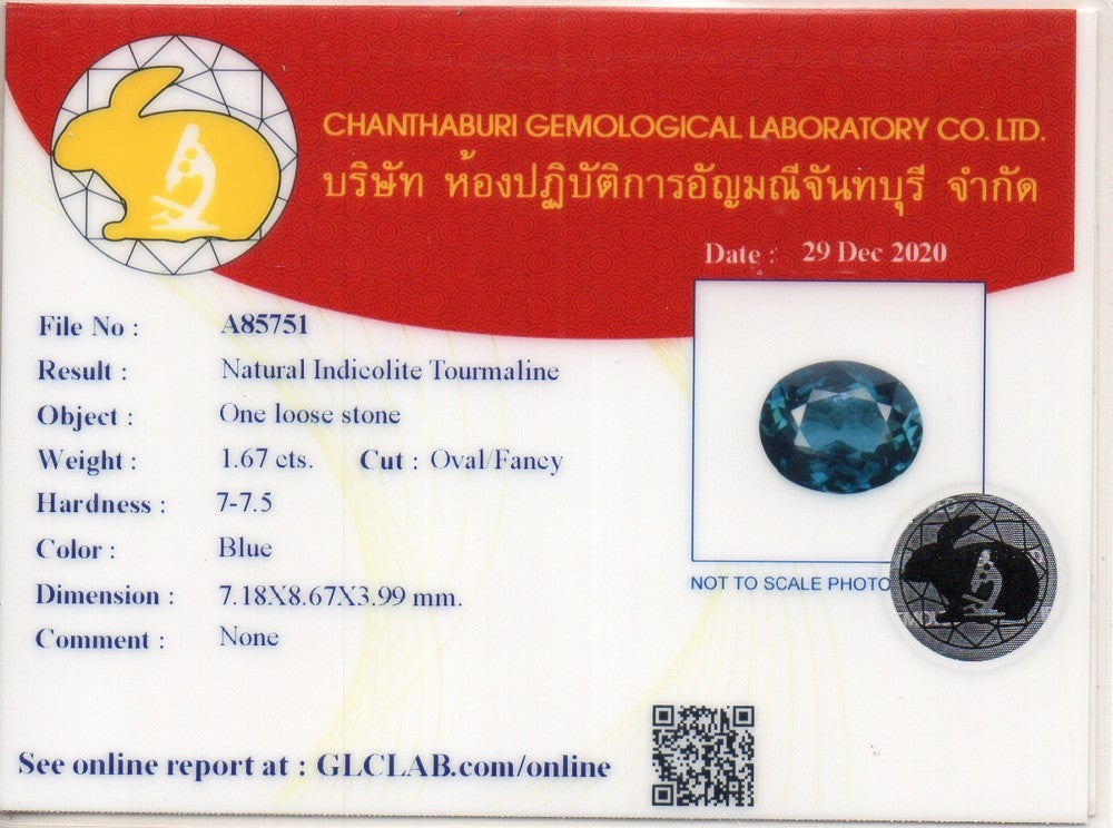 Laboratory report for GLC CERTIFIED 1.67ct IF Oval Natural Unheated Blue Indicolite Tourmaline Gem