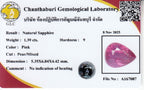Laboratory report for GLC CERTIFIED 1.39ct Pear Natural Pink Sapphire - Unheated Mozambique Gemstone