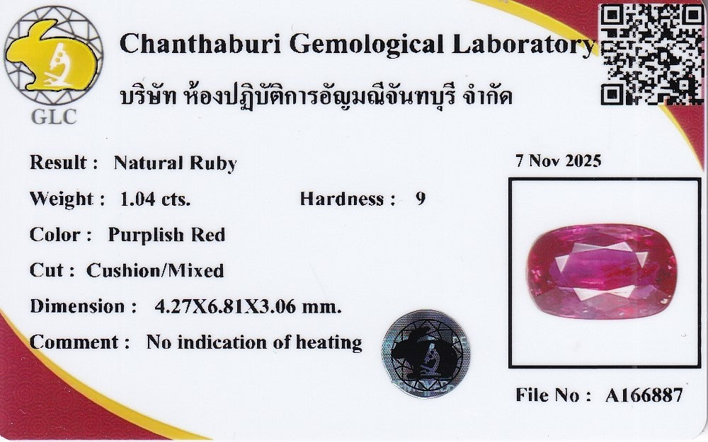 Laboratory report for GLC CERTIFIED 1.04ct Cushion Natural Purplish Red Ruby - Unheated, Gemstone