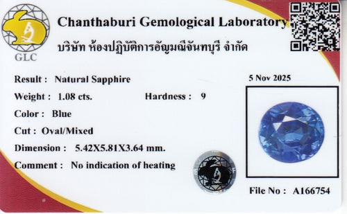 Laboratory report for GLC CERTIFIED 1.08ct VS Oval Natural Blue Sapphire - Unheated, Africa Gem
