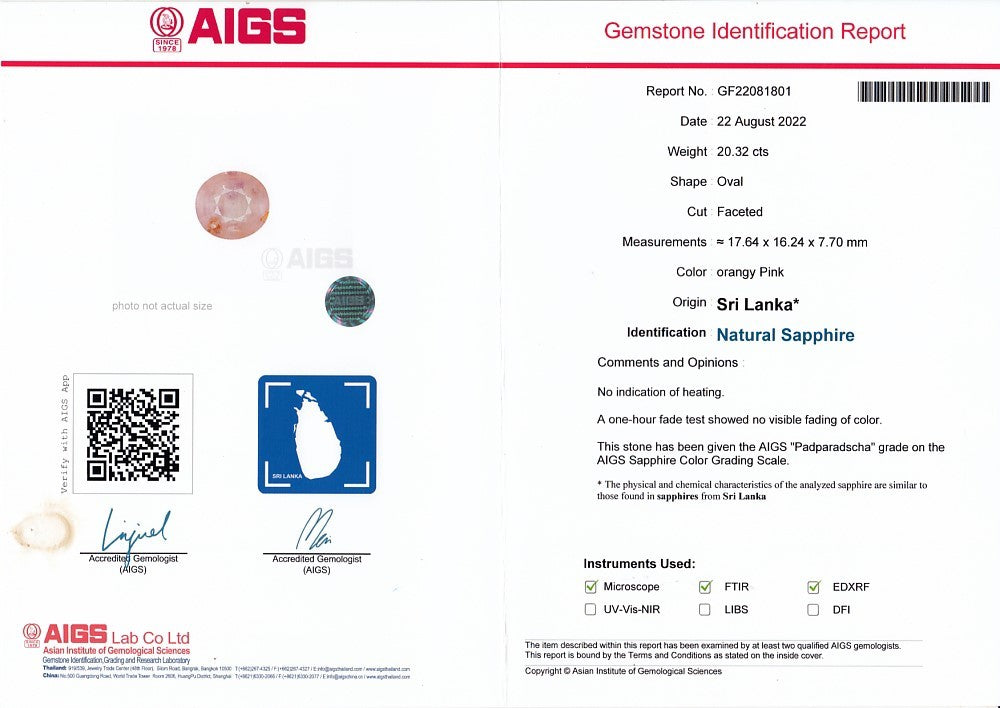 Laboratory report for AIGS Certified Unheated 20.32ct Oval Natural Orangy Pink Sapphire Sri-Lanka