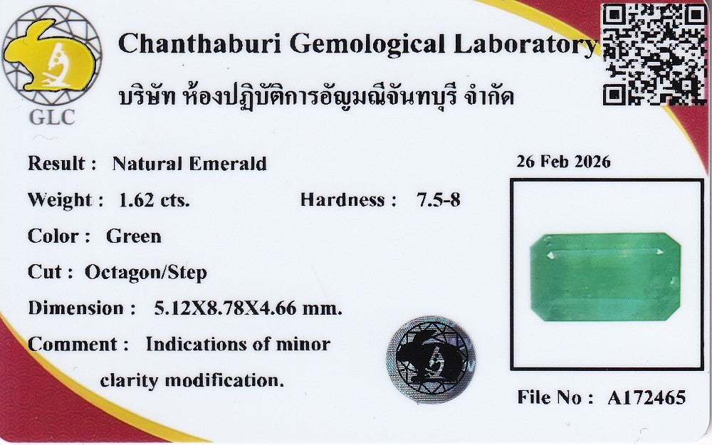 Laboratory report for GLC CERTIFIED 1.62ct Octagon Natural Green Emerald - Exquisite, Zambia Gem
