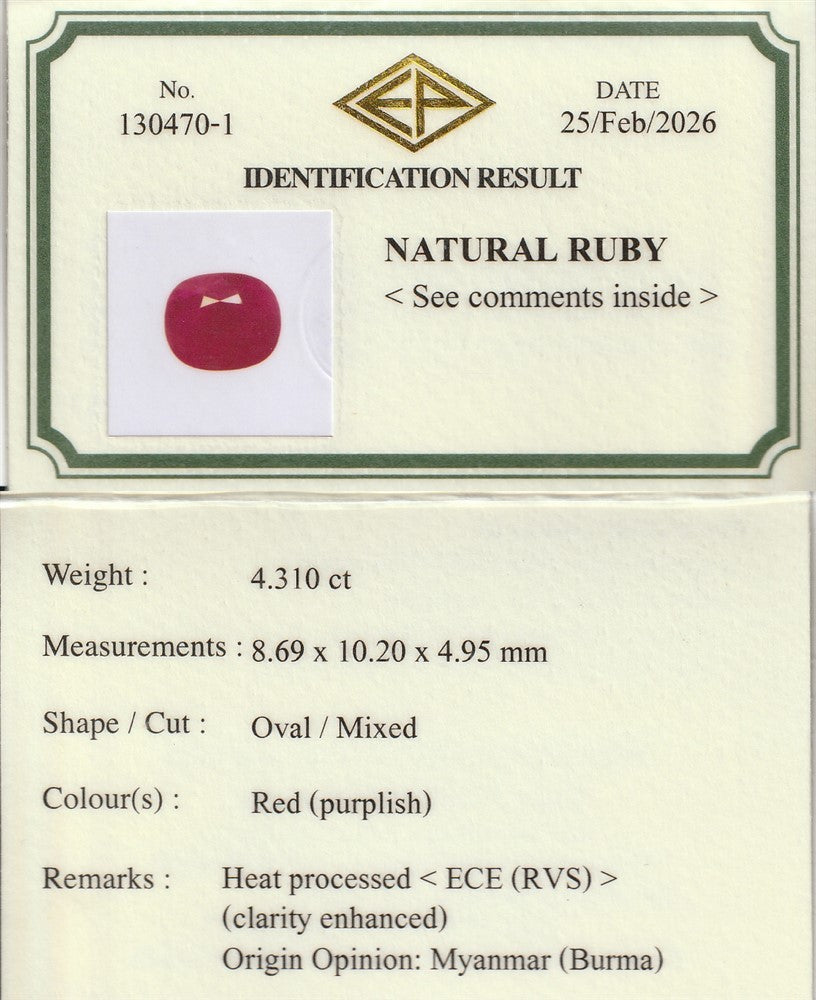Laboratory report for EMIL CERTIFIED 4.31ct Natural Purplish Red Burmese Ruby - Heated Only No Glass