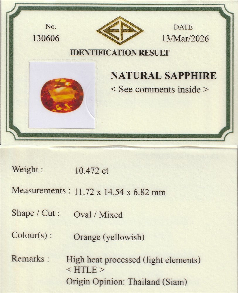 Laboratory report for EMIL Certified Big 10.47ct VS Oval Natural Yellowish Orange Sapphire Thailand