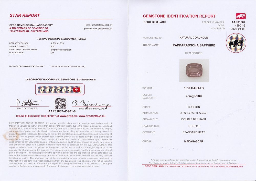 Laboratory report for GFCO CERTIFIED 1.56ct Natural Padparadscha Sapphire - Heated, Madagascar Gem