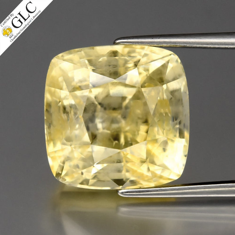 GLC Certified Full Report Unheated 13.78ct Cushion Natural Yellow Sapphire Sri-Lanka