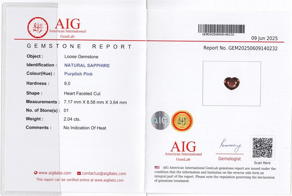 Laboratory report for AIG CERTIFIED Unheated 2.04ct VS Natural Purplish Pink Sapphire - Madagascar