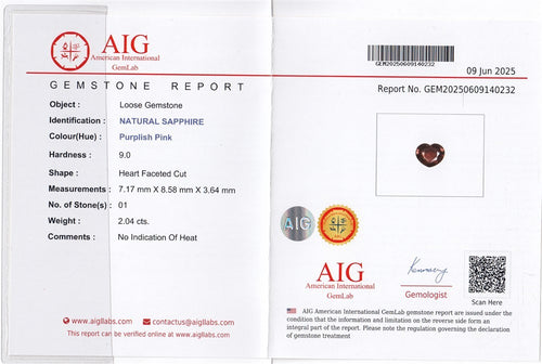 Laboratory report for AIG CERTIFIED Unheated 2.04ct VS Natural Purplish Pink Sapphire - Madagascar